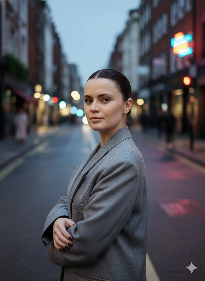 A woman with dark hair pulled back, wearing a gray blazer, standing on a city street during dusk with blurred colorful lights and buildings in the background.