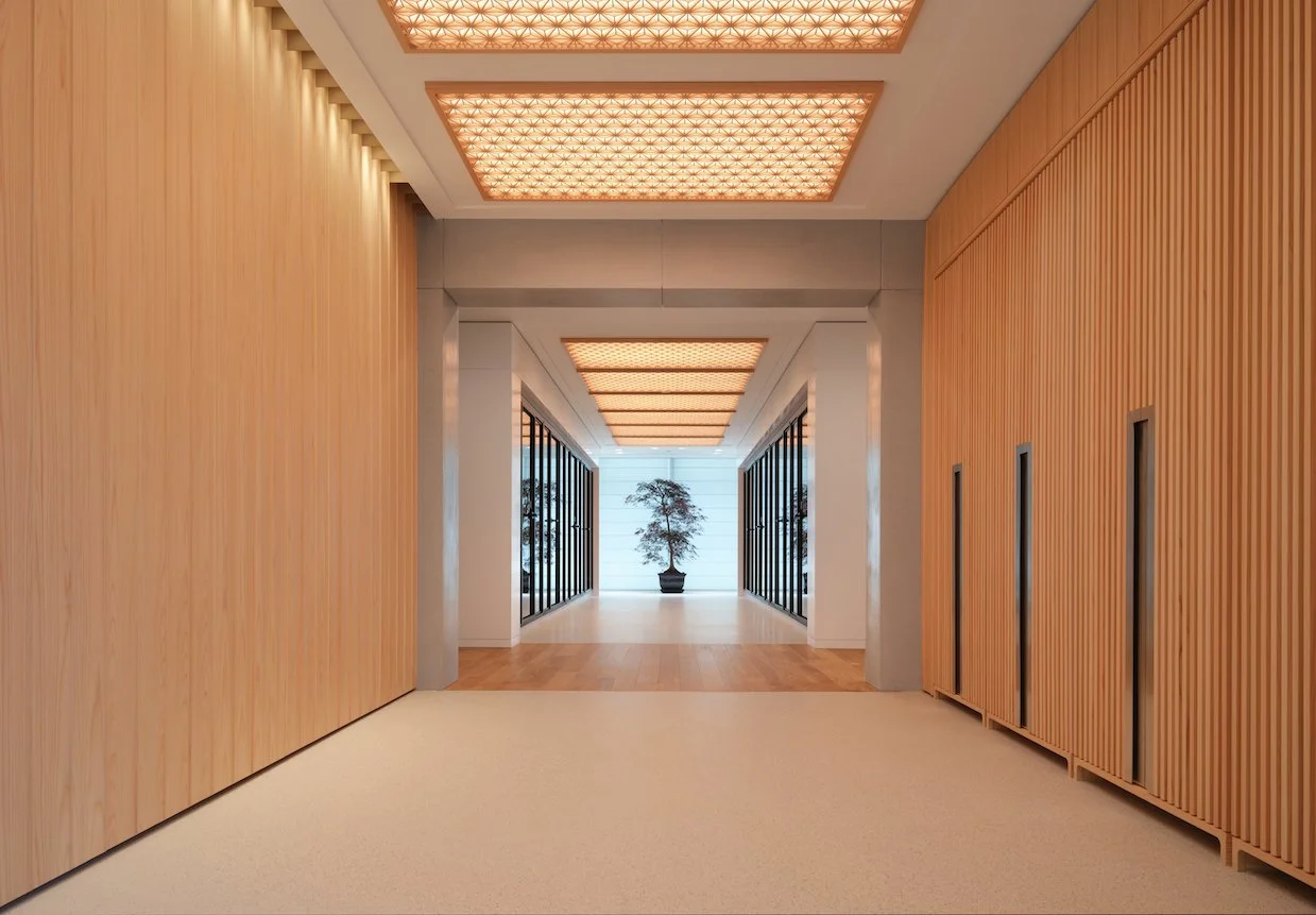 Modern interior hallway with wooden panel walls, patterned ceiling lights, and a potted tree at the end framed by large glass windows.