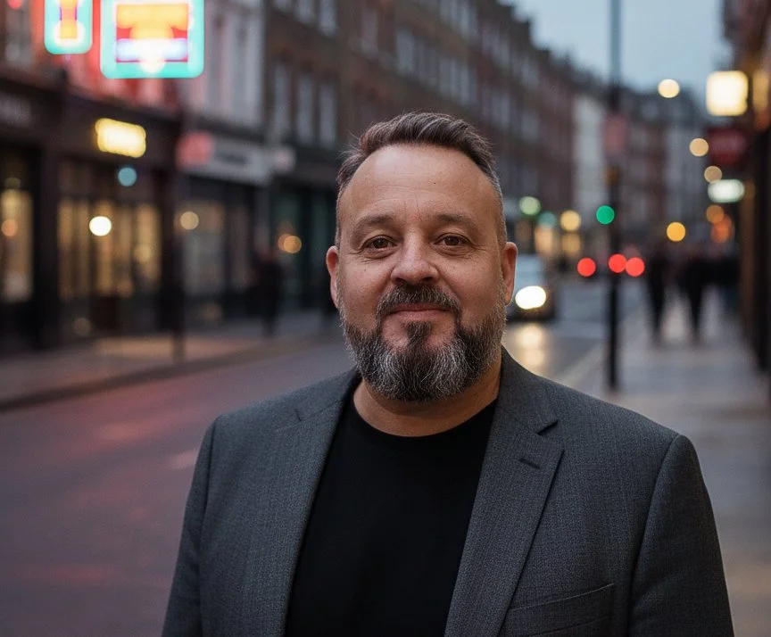 A man with a beard and short hair wearing a dark blazer and black shirt standing on a city street at dusk.