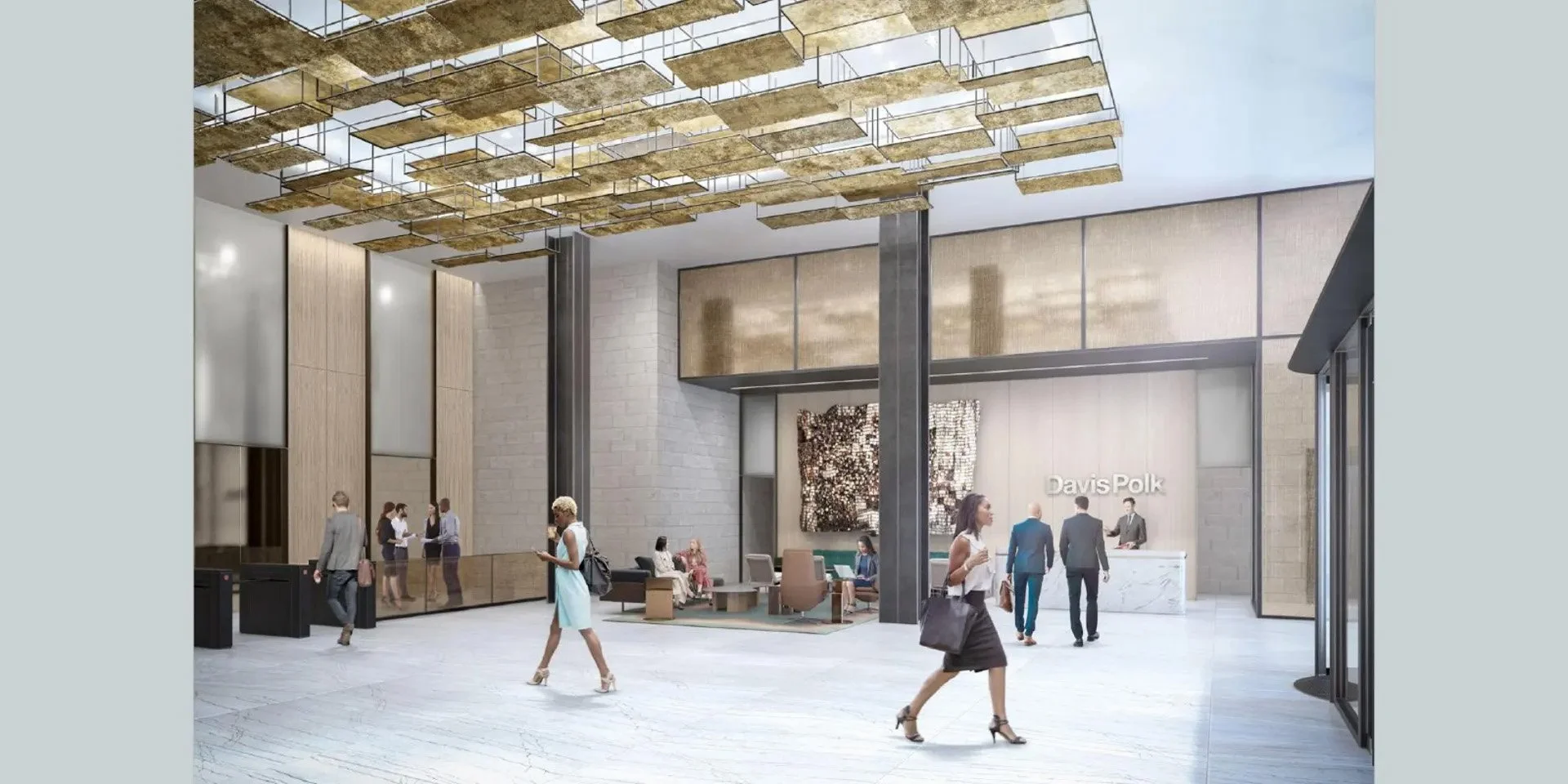 A modern lobby with people walking and sitting. The lobby features a decorative ceiling with gold elements, a large reception desk with the sign 'Davis Polk,' seating area, and tall glass doors on the right.