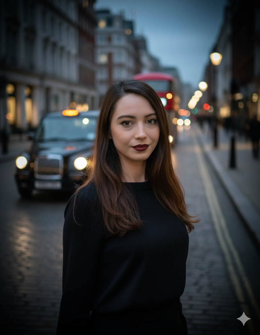 A young woman with long brown hair and dark lipstick standing on a cobblestone street at dusk, with city buildings, streetlights, and traffic in the background.