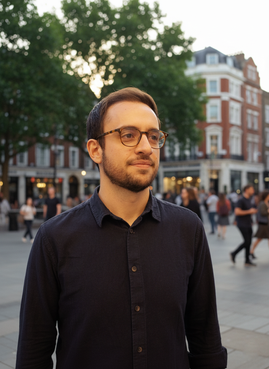 A young man with glasses and facial hair standing outdoors on a city street in the early evening, with buildings and people in the background.