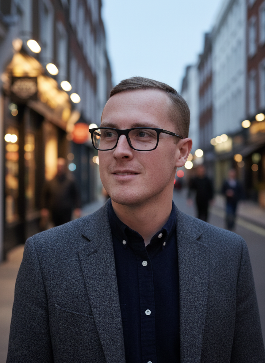 A man wearing glasses and a blazer walking down a busy city street at dusk with blurred lights and buildings in the background.