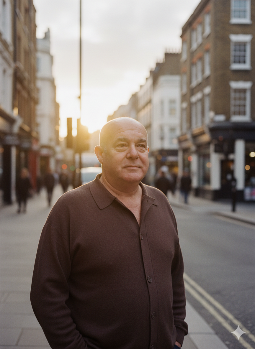 A bald man standing on a city street at sunset, wearing a brown shirt, with buildings and people in the background.