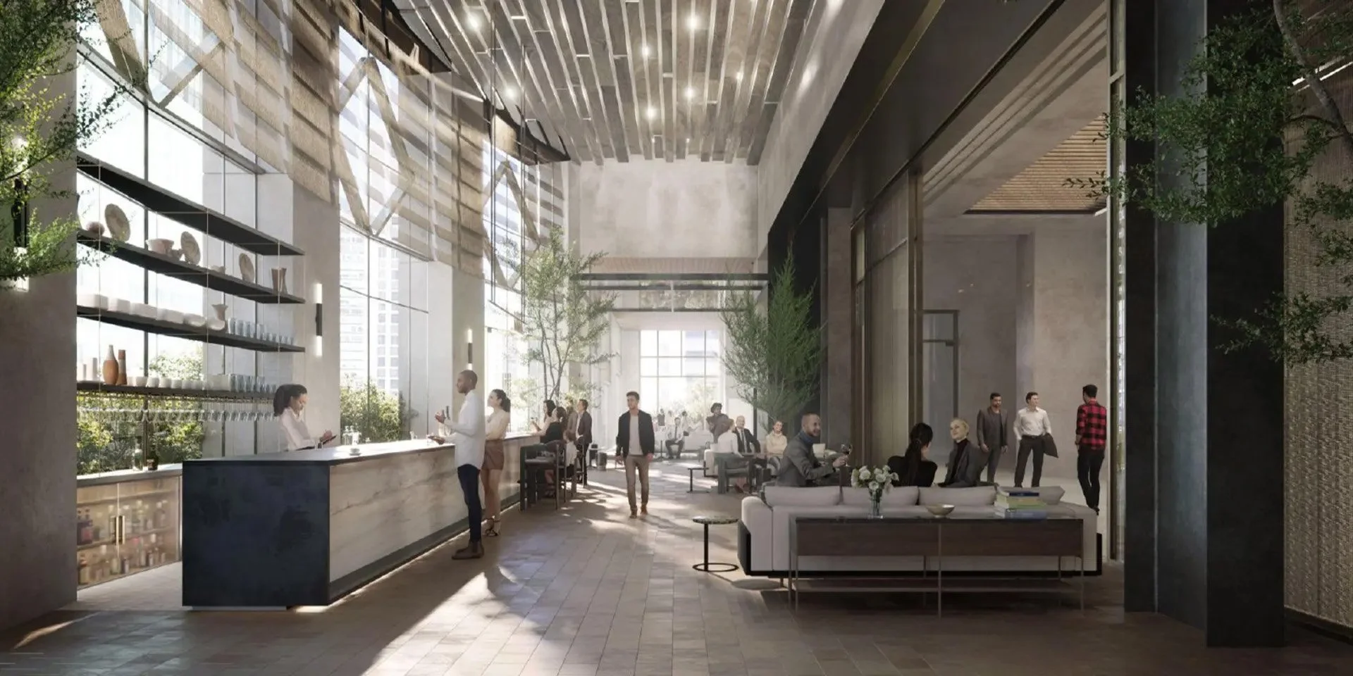 Modern hotel lobby with high ceilings, large windows, and natural light. Several guests are seated on sofas and chairs, and a few are standing and talking. There's a reception desk on the left with a bar area behind it, and decorative shelves. Green plants are placed throughout, creating a welcoming atmosphere.
