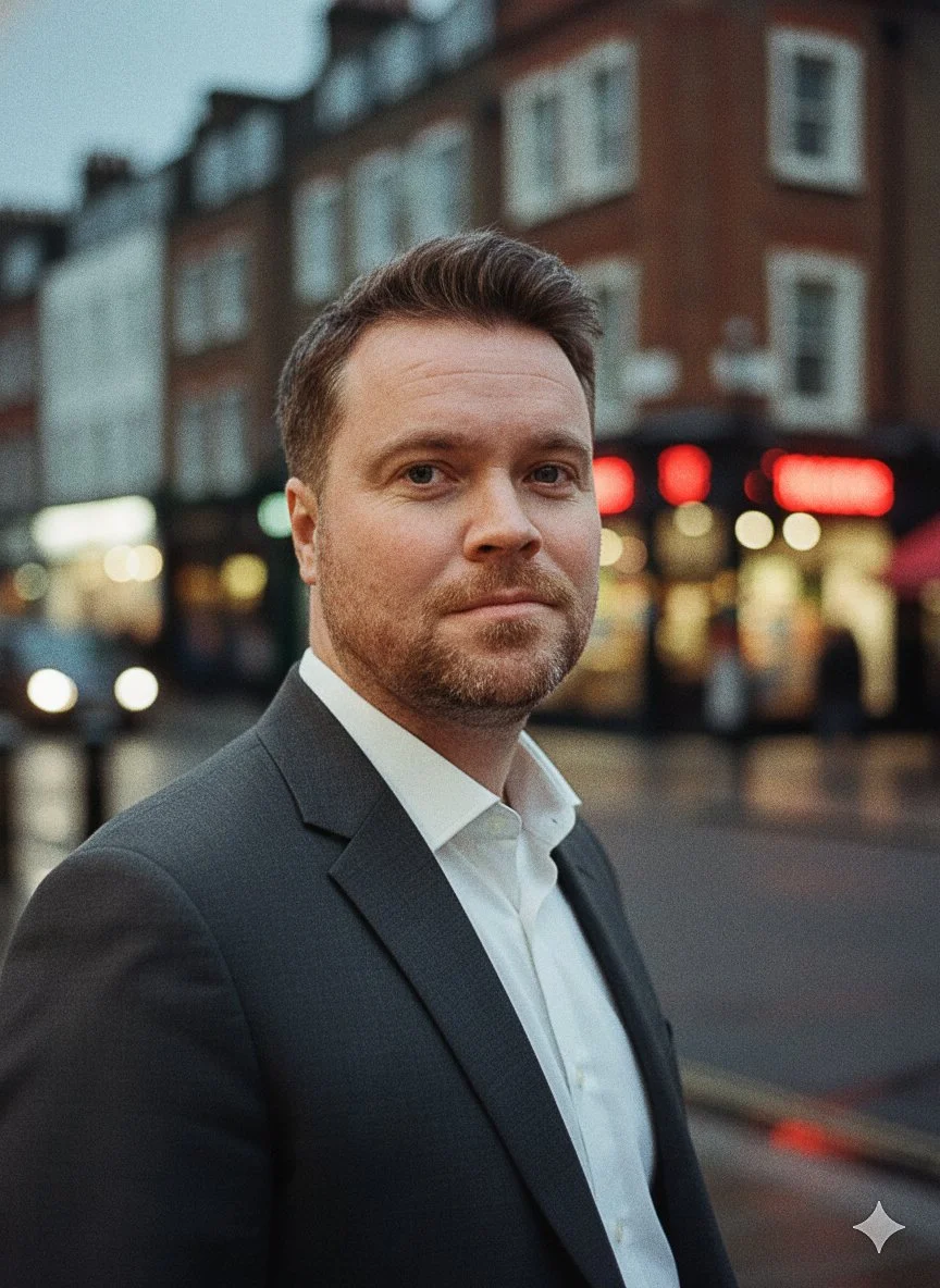 Man in a dark suit with a white shirt standing on a city street at dusk.