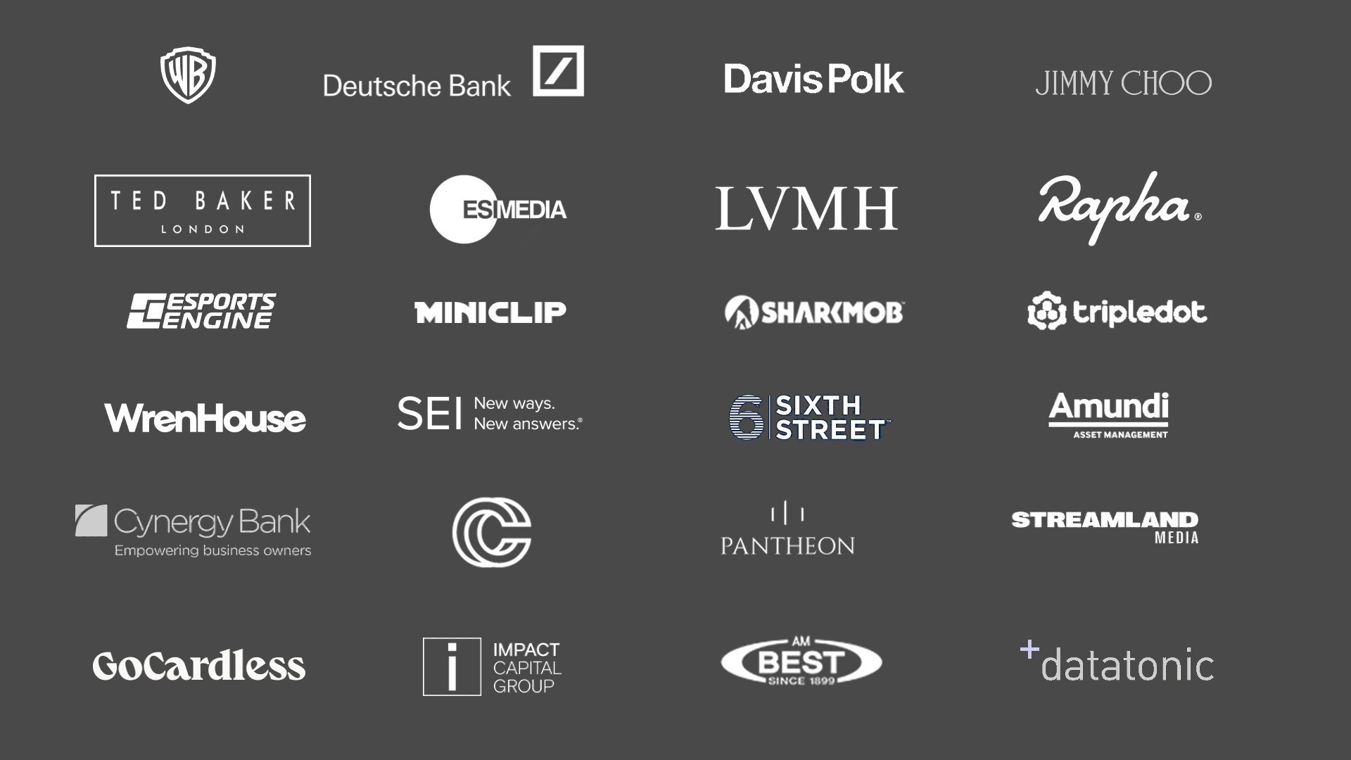 Collection of company logos on a dark gray background.
