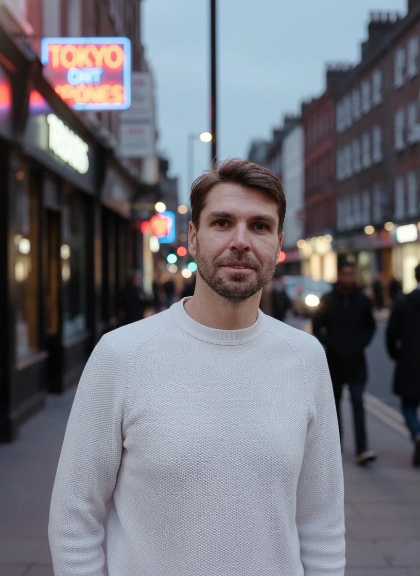 A man with brown hair and a beard standing on a city street during dusk, wearing a white long-sleeve shirt, with neon signs and buildings in the background.