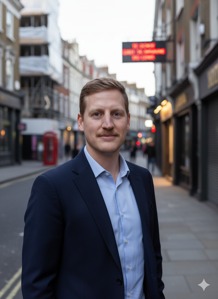 A man in a navy suit and light blue shirt standing on a city street during dusk, with buildings and storefronts in the background.