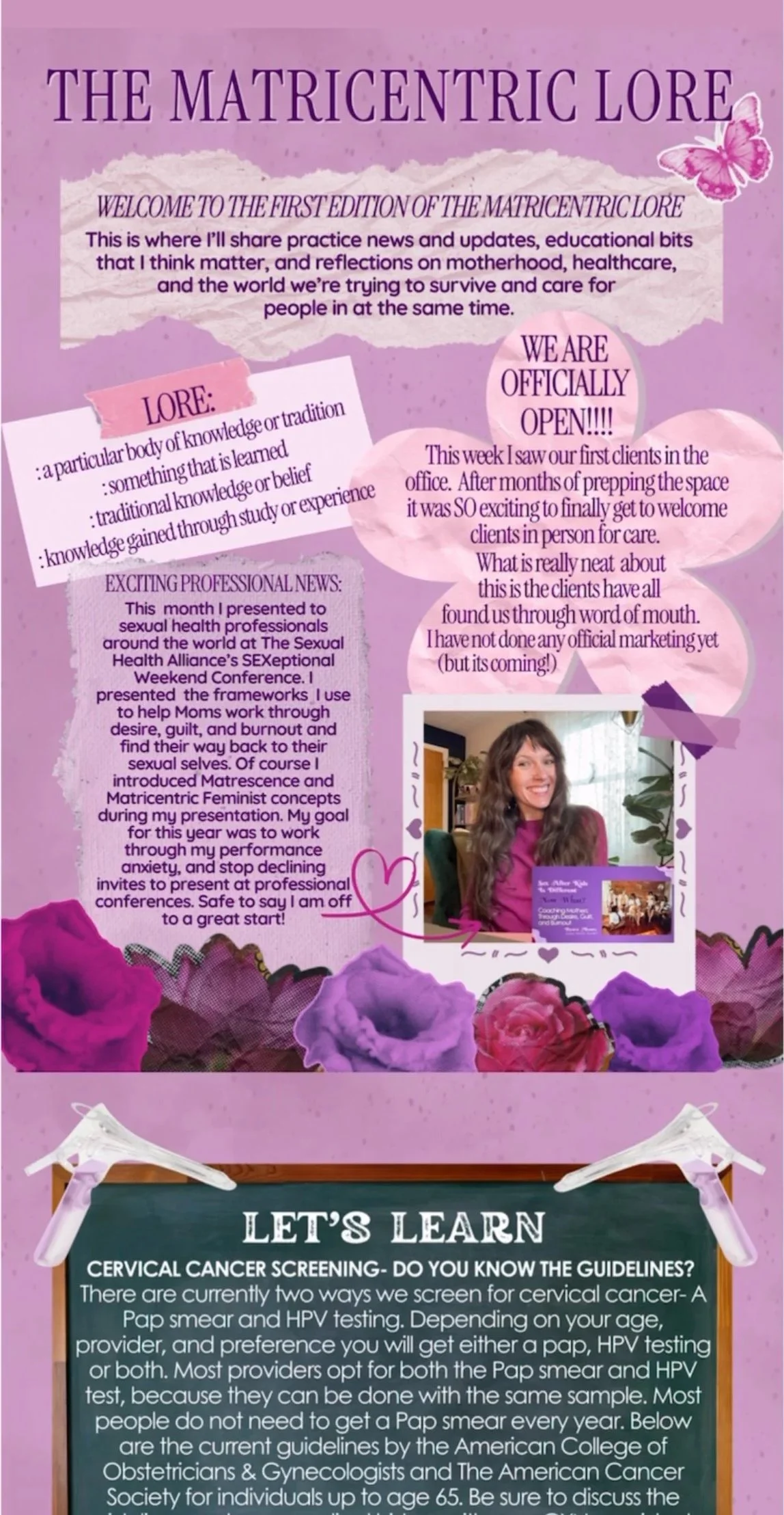 A collage-style informational poster with a lavender background, pink and purple flowers, and text about maternal and sexual health education, recent client visits, and cervical cancer screening guidelines, including a photo of a smiling woman.