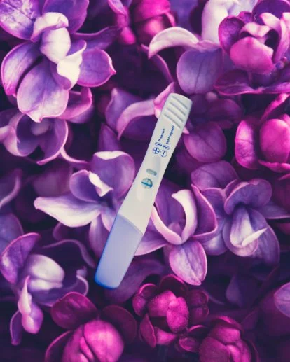 A positive pregnancy test placed among purple and pink flower petals.