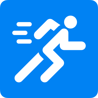 Symbole d'un coureur de course en mouvement sur un fond bleu.