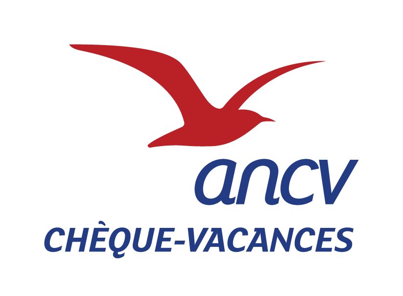 Logo avec un oiseau rouge stylisé au-dessus du texte 'ancv' en bleu et 'CHÈQUE-VACANCES' en majuscules sous le logo.