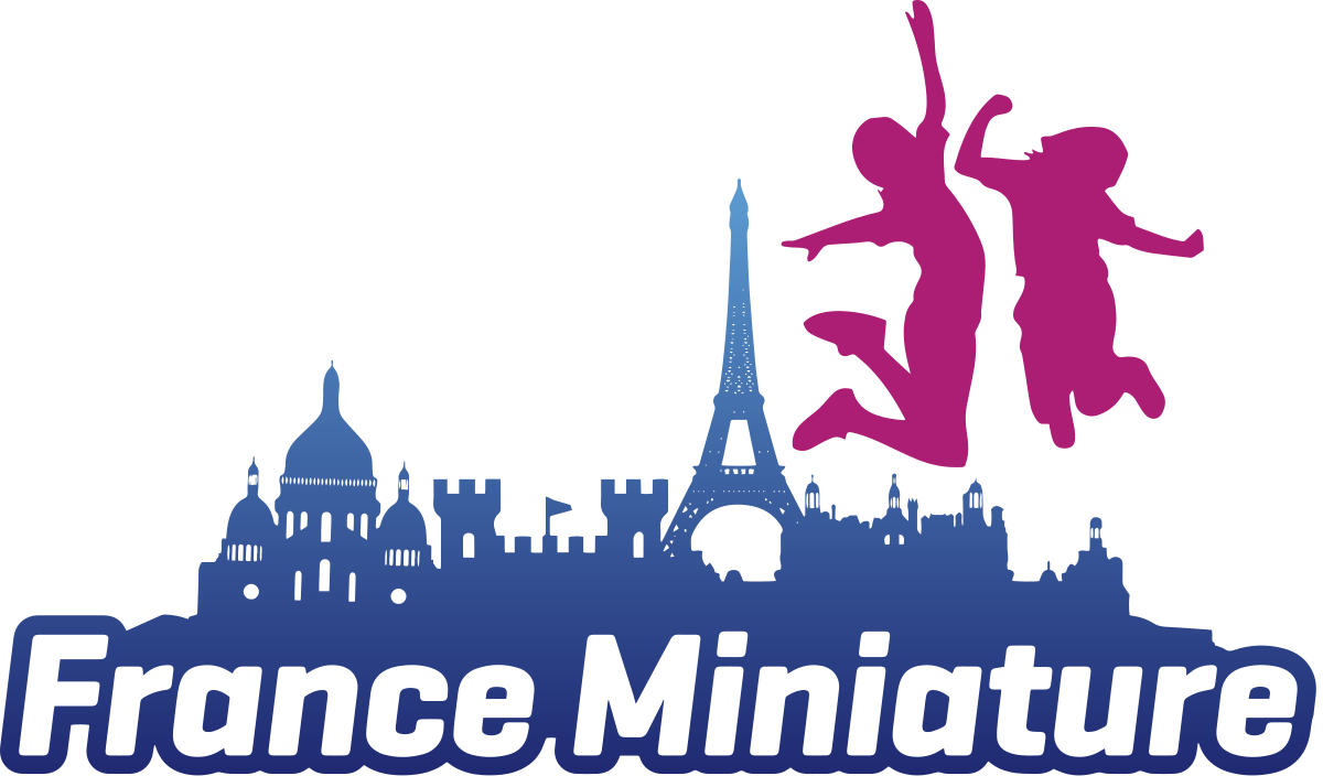 Logo de France Miniature avec une représentation stylisée de la Tour Eiffel, en noir, bleu et rose, et le texte 'France Miniature' en blanc.