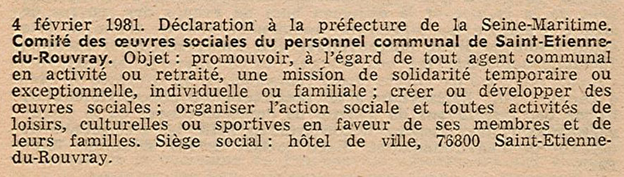 Une déclaration officielle datant du 4 février 1981 concernant le comité des œuvres sociales du personnel communal de Saint-Etienne-du-Rouvray, avec des détails sur ses objectifs, son lieu de siège social, un hôtel de ville.