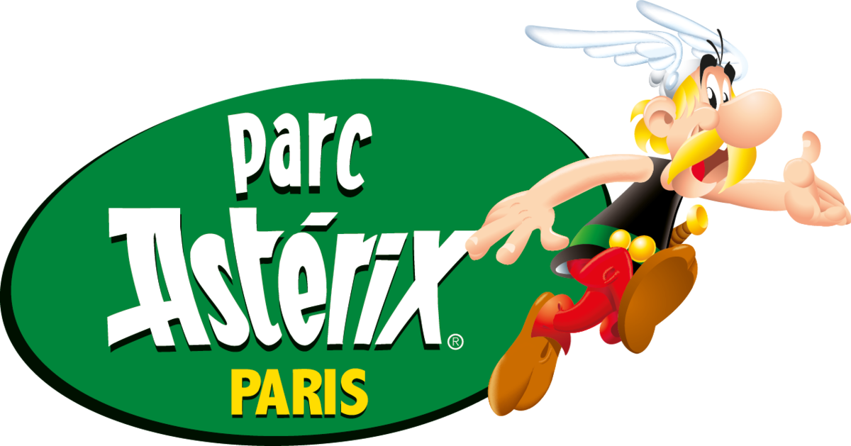 Logo du parc Astérix à Paris avec un personnage de bande dessinée en arrière-plan.