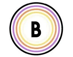 Un logo avec un cercle entouré de plusieurs anneaux colorés et une lettre 'B' noire au centre.