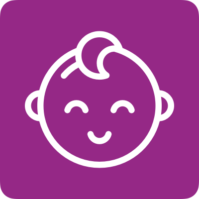 Icône d'un visage de bébé souriant avec une coiffure bouclée sur un fond violet.