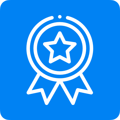Icône d'une médaille ou d'un badge avec une étoile centrale sur un fond bleu.