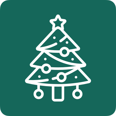 Icône d'un sapin de Noël stylisé avec des décorations et une étoile en haut.