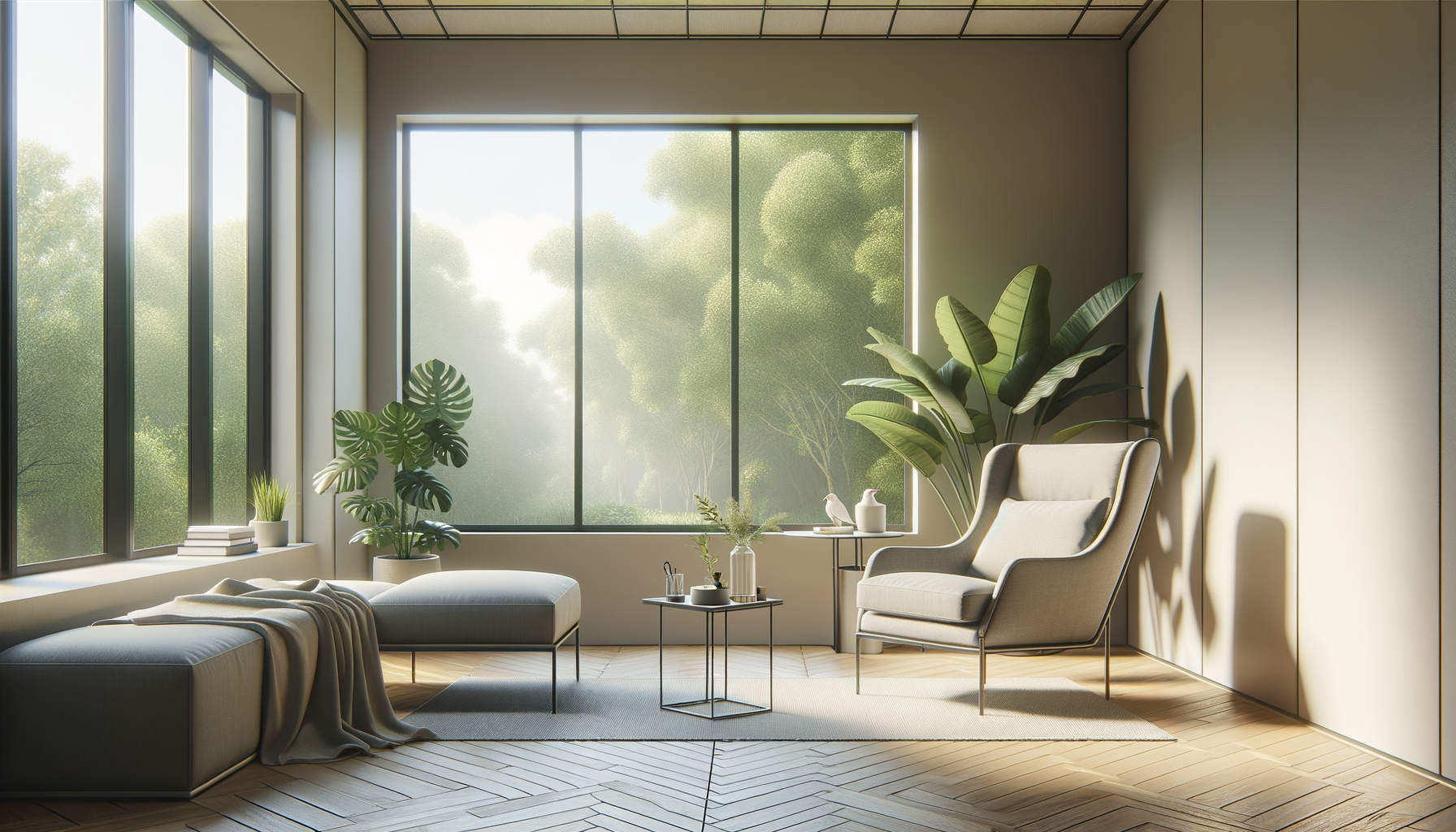 Sala de estar com janela grande, plantas verdes, poltrona confortável, pufe, mesa de centro com vasos e objetos decorativos, ambiente iluminado pela luz natural.