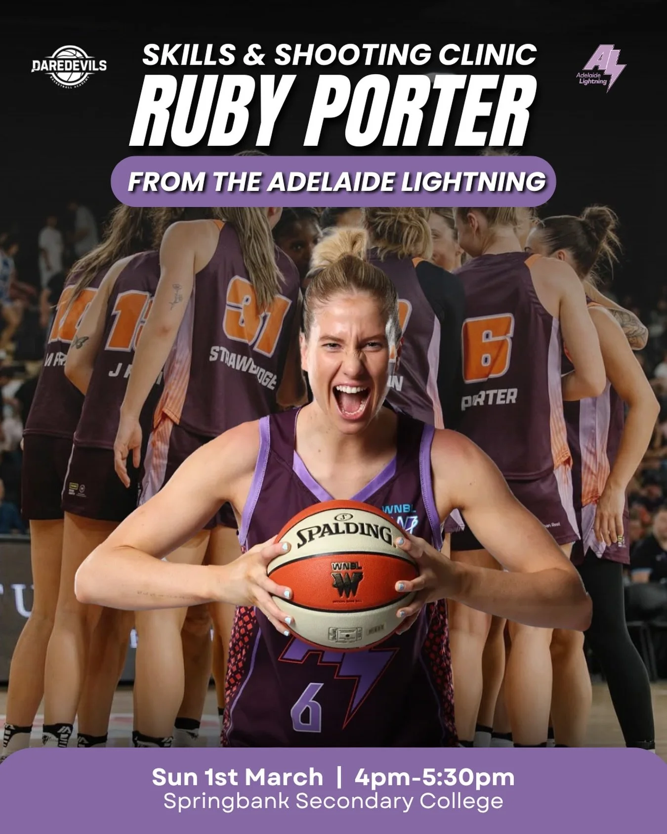 ⚡️ FINAL CALL - THIS SUNDAY! ⚡️

Our Skills &amp; Shooting Clinic with Ruby Porter from the Adelaide Lightning is almost here - and spots are filling fast!

Open to all ages and skill levels (you don&rsquo;t have to be a Daredevils player).
Expect sh