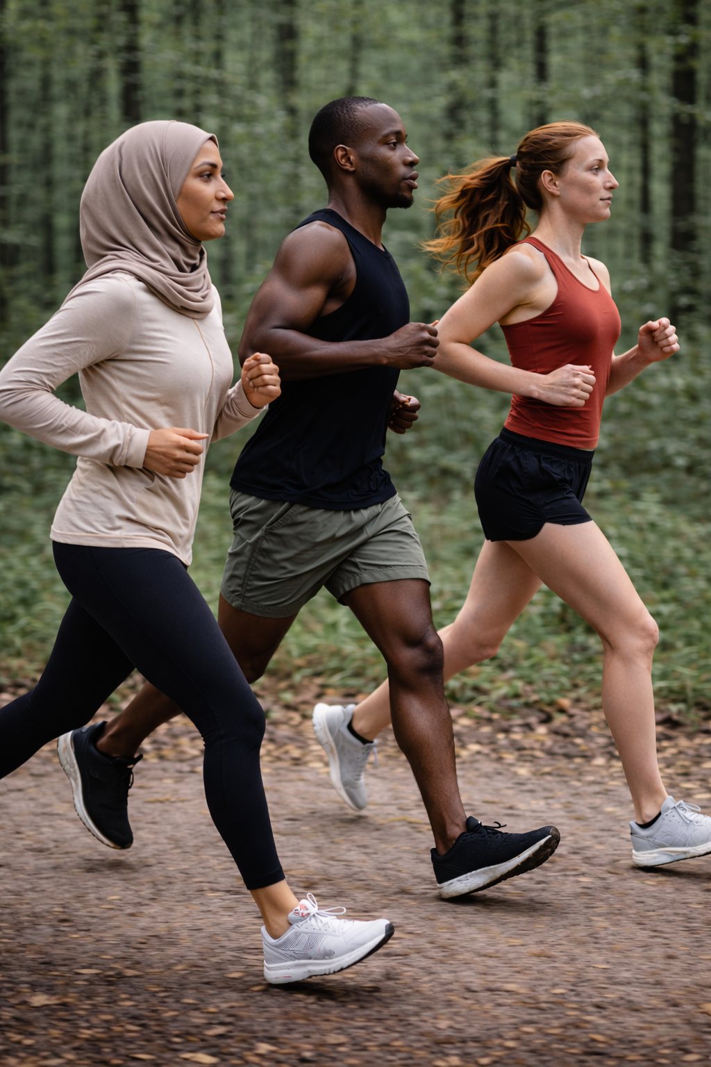 Three diverse people running together on a forest trail.