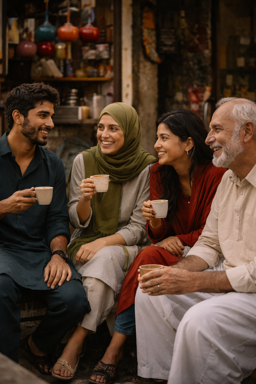 A diverse group of four people sitting together in a cozy cafe, smiling and enjoying cups of coffee.