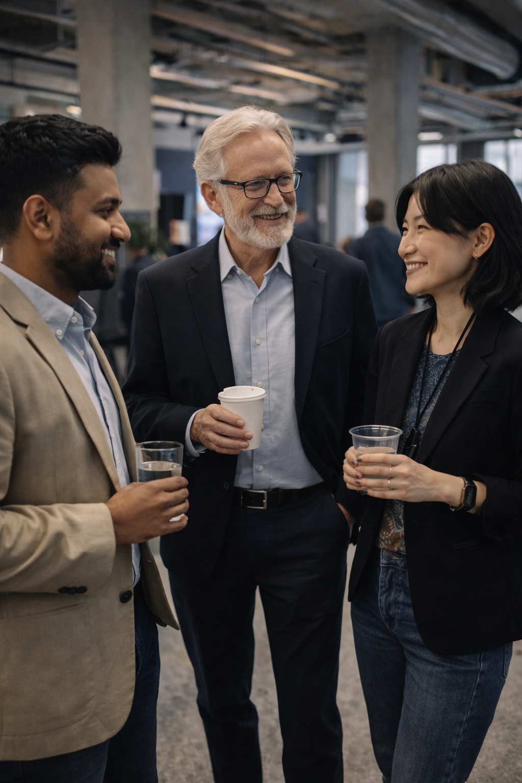 Three professionals, two women and one man, engaged in a conversation at a corporate event, holding coffee and water cups, in a modern office environment.