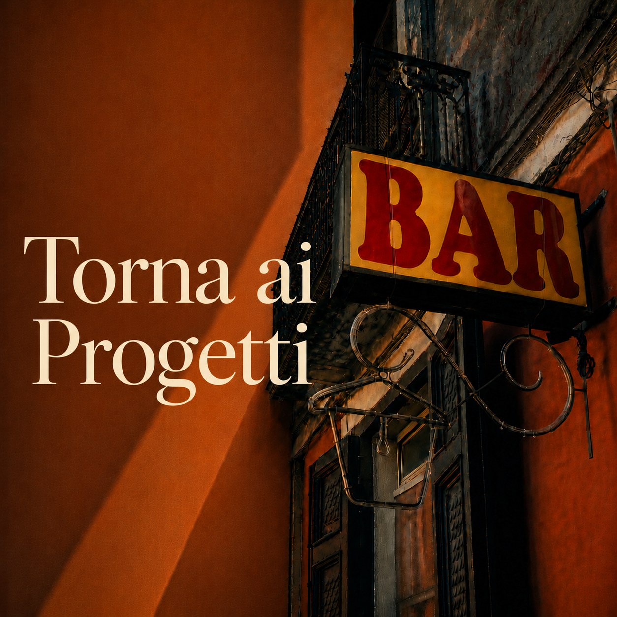 Una insegna luminosa con la parola 'BAR' appesa a una parete di colore arancione, con le parole 'Progetti fotografici' sovrapposte in primo piano.