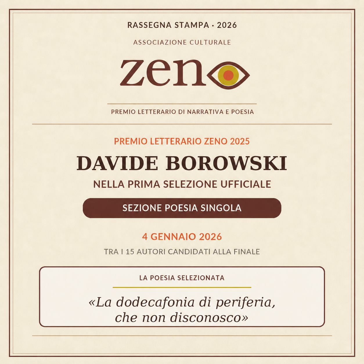 Premio Letterario Zeno — Prima selezione, Poesia singola