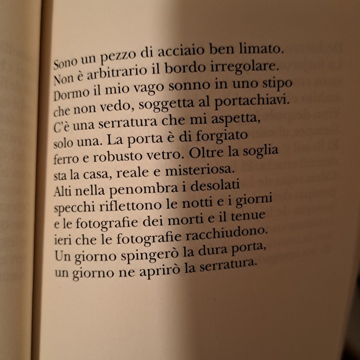 [Non &egrave; arbitrario il bordo irregolare]

Poesie belle, ce n'&egrave; tante. Ma se dovessi salvarne una dalle acque, una sola, sarebbe questa: "Una chiave a East Lansing" di Jorge Luis Borges. Purtroppo non ho il libro a portata di man