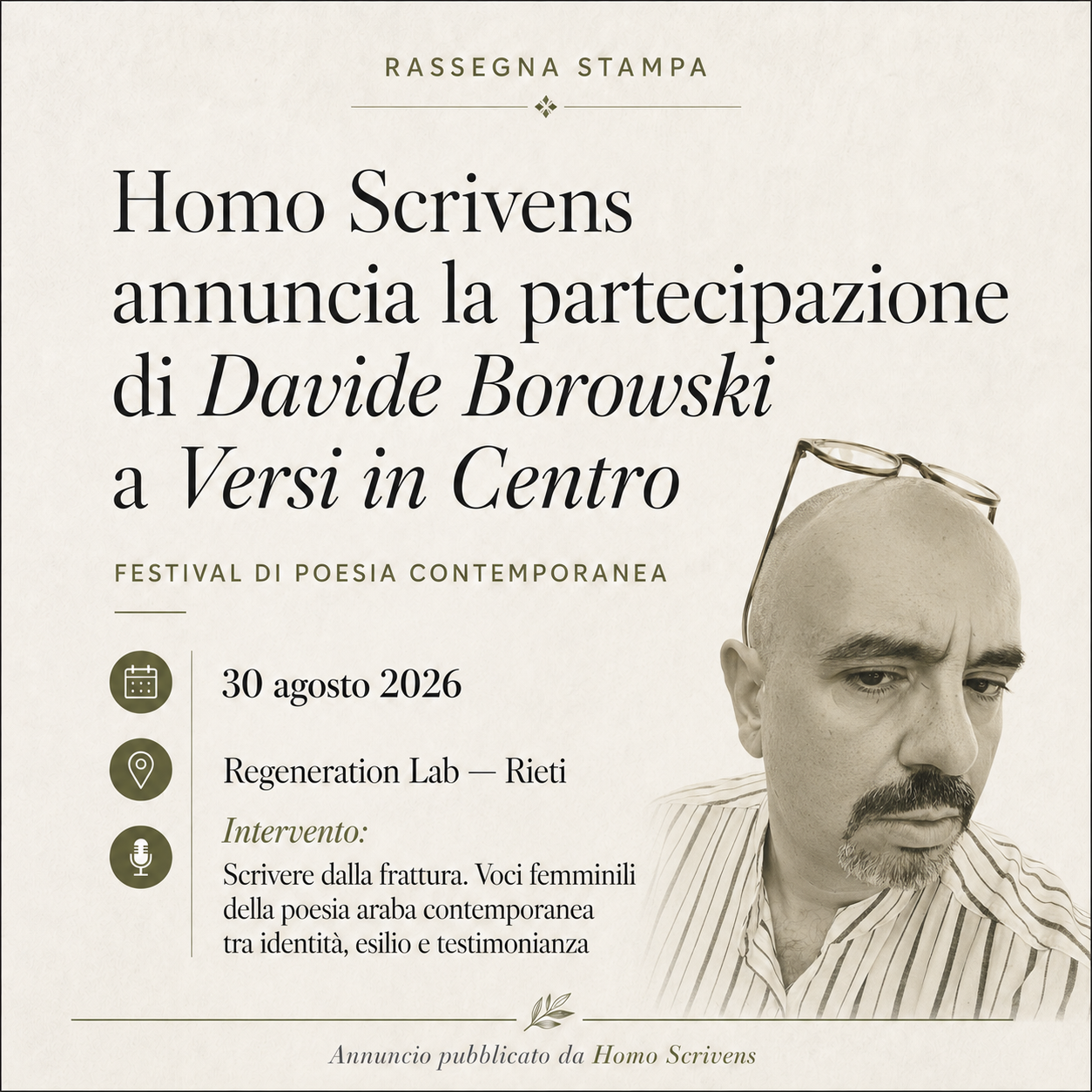 Homo Scrivens — Annuncio della partecipazione a Versi inCentro 2026