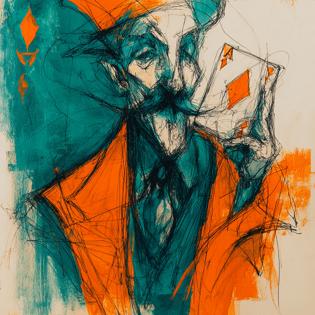 Ritratto di un uomo con cappello e barba, che stringe un bicchiere in mano, disegnato in stile astratto con linee sottili e colori vivaci come arancione e blu.
