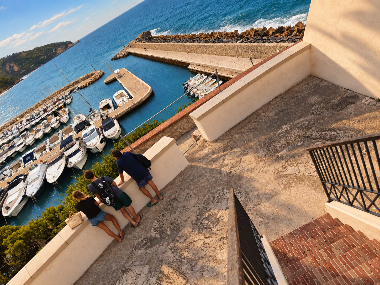 Tre persone con zaini guardano il mare e le barche dal punto di vista di una terrazza con pavimento di pietra e mura di cemento, illuminata dalla luce del tramonto.
