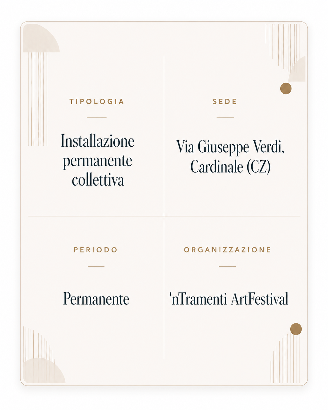 Certificato di installazione permanente collettiva con sede in Via Giuseppe Verdi, Cardinale, organizzato da 'nTramenti ArtFestival'.
