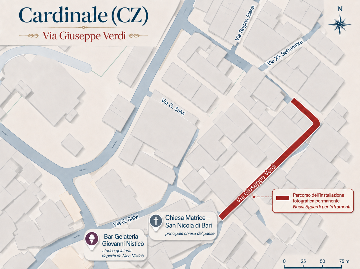 Mappa di un'area di Cardinale (CZ) in Italia, con vie come Via Giuseppe Verdi, Via XX Settembre, Via Regina Elena, Via G. Salvi, e punti di interesse come la Chiesa Matrice - San Nicola di Bari e il Bar Gelateria Giovanni Nisticò. La mappa evidenzia anche il percorso dell'installazione fotografica permanente con un tratto rosso.
