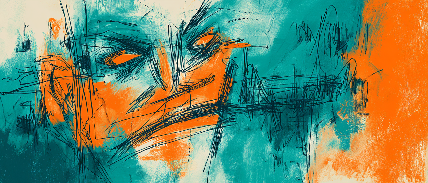 Disegno astratto con linee nere e sprazzi di arancione e blu su sfondo beige.