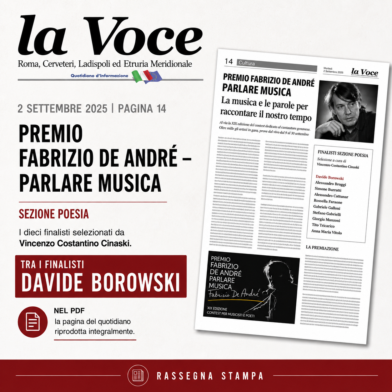 La Voce — Davide Borowski tra i finalisti del Premio Fabrizio De André
