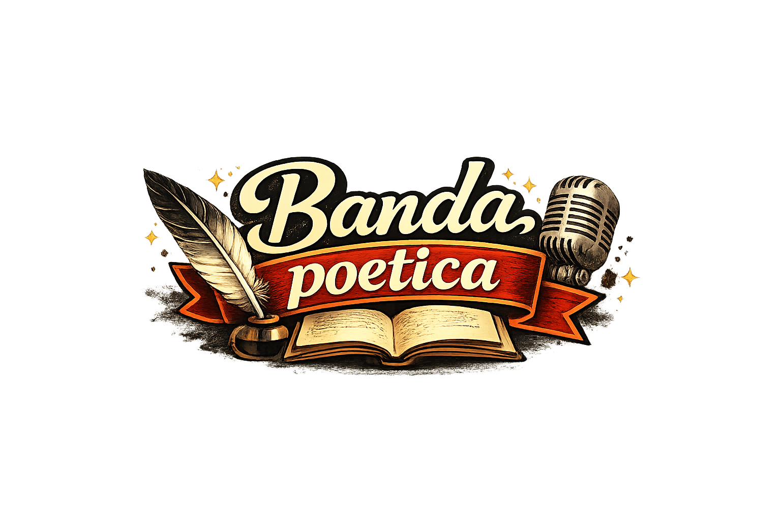 Logo di una band musicale poetica con un microfono vintage, un libro aperto, una penna, una bandiera arancione con scritto 'poetica' e elementi decorativi come stelle e polvere.