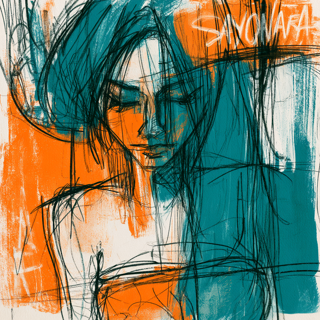 Disegno artistico di una donna con capelli lunghi, occhi chiusi e un'espressione serena, realizzato con linee nere e aree di colore arancione e blu.