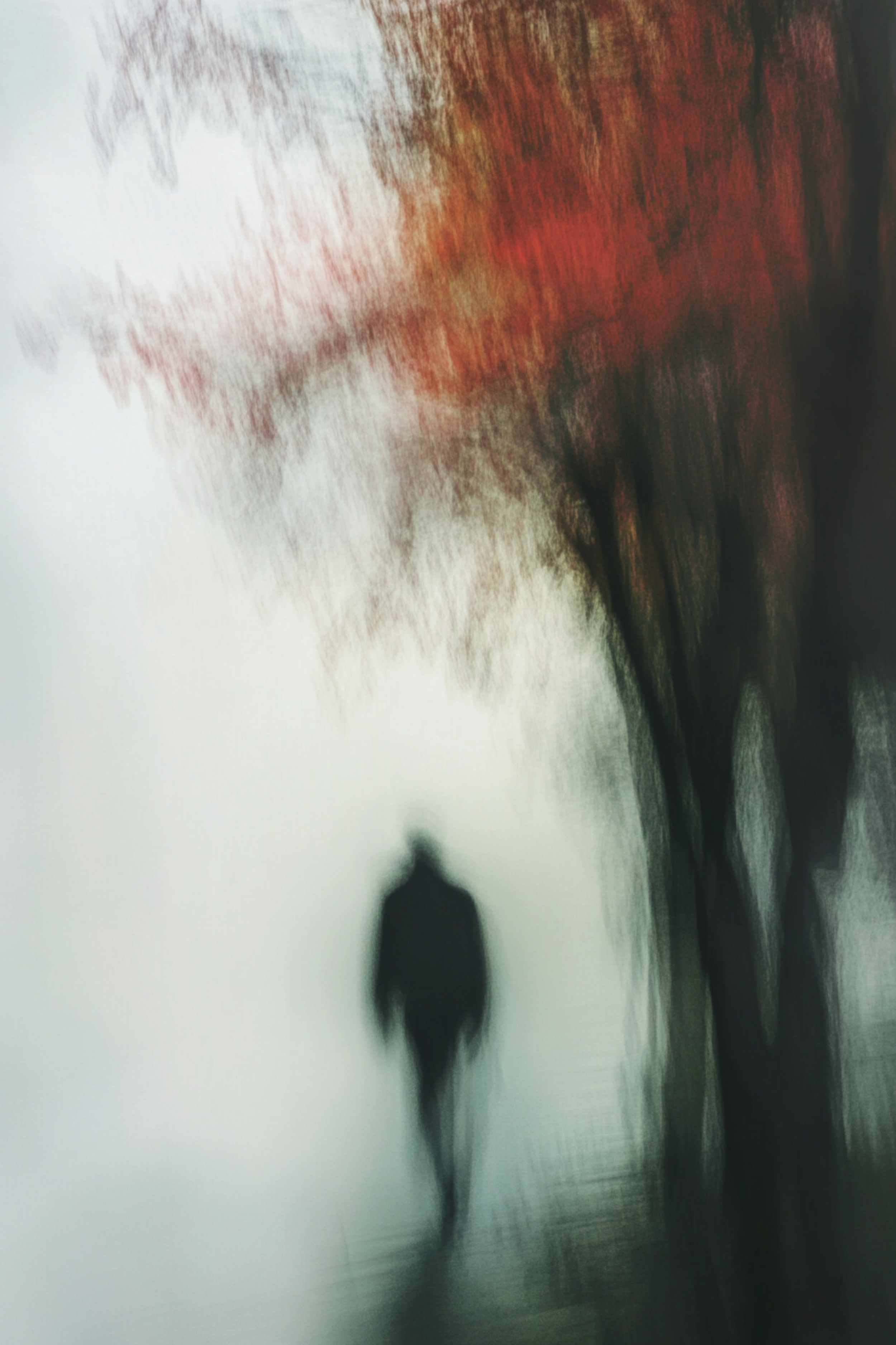 Un uomo si allontana, inghiottito dalla nebbia