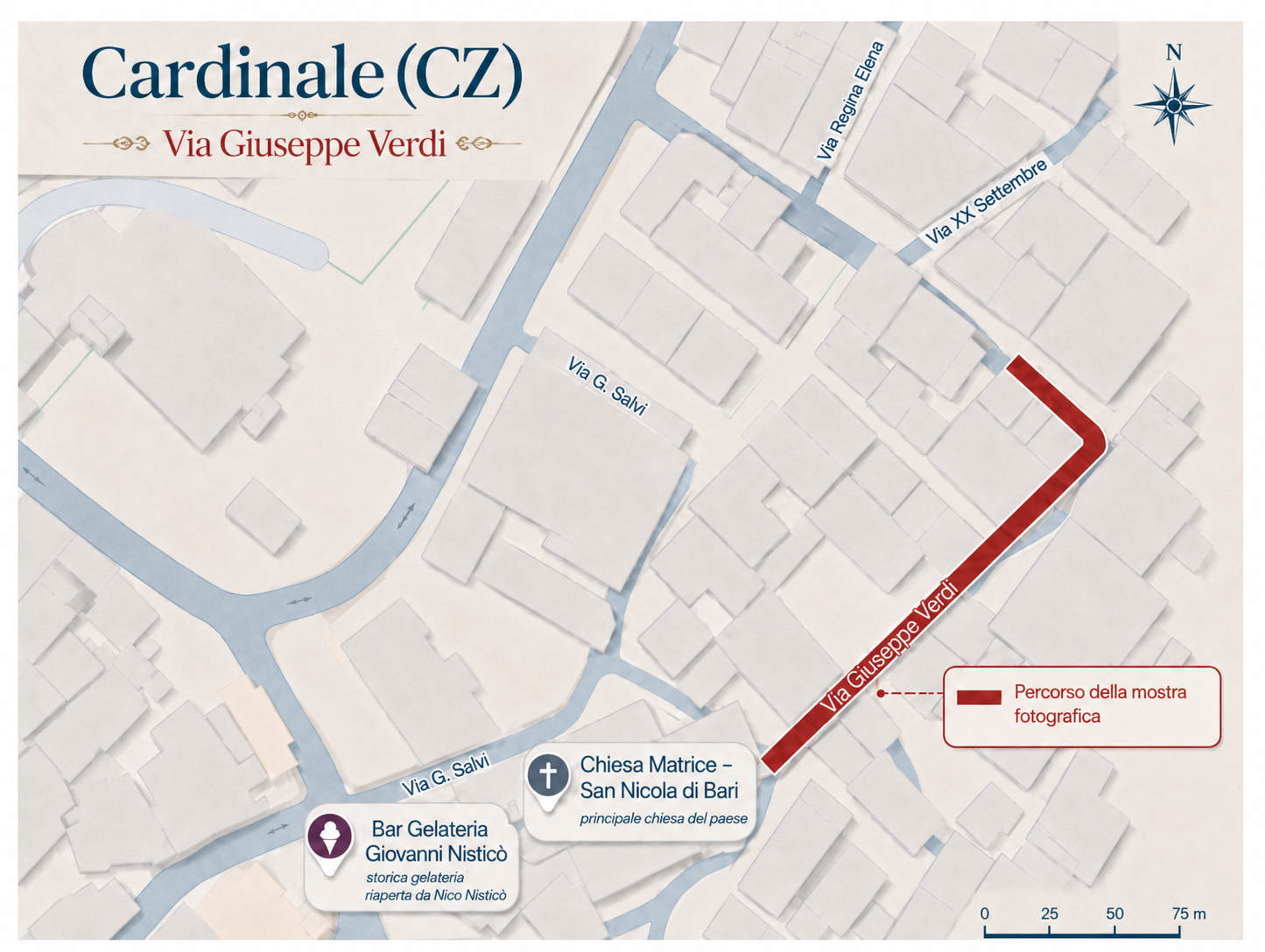 Mappa che evidenzia il percorso della mostra fotografica lungo Via Giuseppe Verdi a Cardinal, CZ, in Italia, con indicazioni per punti di interesse come Chiesa Matrice - San Nicola di Bari e Bar Gelateria Giovanni Nistico.