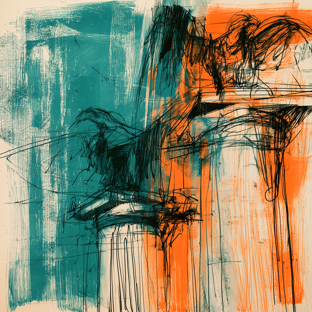 Disegno astratto con figure umane sfocate tra colori arancioni e blu, tratti a matita neri.