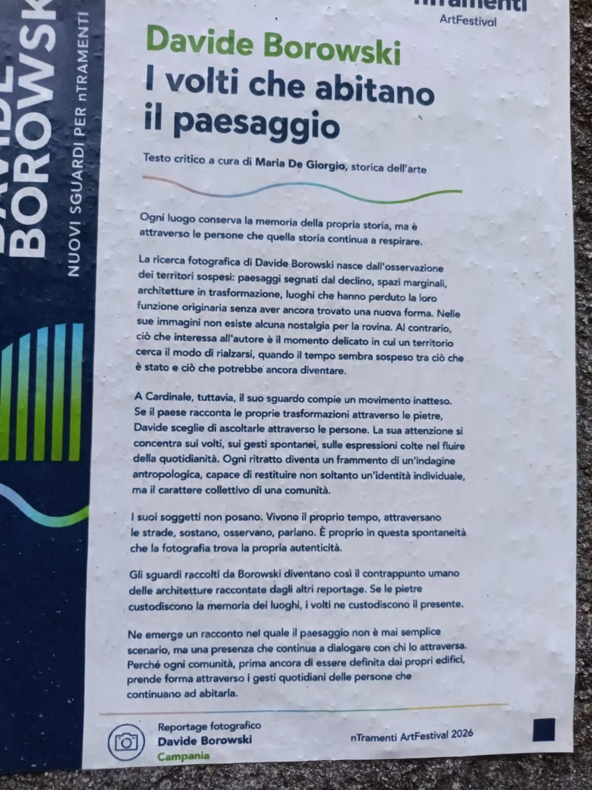 Manifesto dell'evento culturale che presenta un saggio critico di Davide Borowski intitolato 'I volti che abitano il paesaggio'. Il testo discute l'osservazione dei territori sospesi e le immagini che ne derivano.