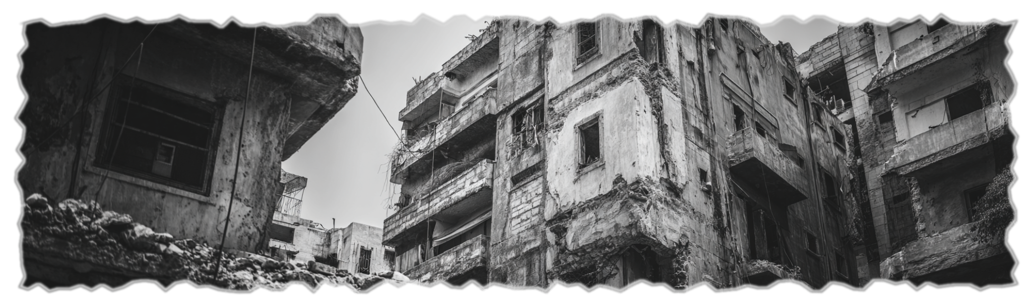 Edificio abbandonato e in rovina in bianco e nero con pareti deteriorate, finestre rotte e strutture danneggiate, con un cielo nuvoloso sullo sfondo.