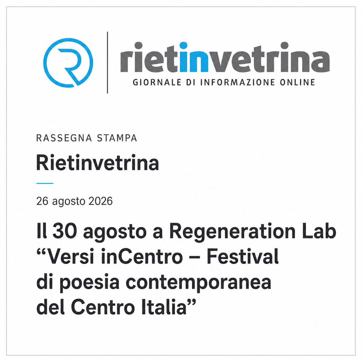 Rietinvetrina - Prima edizione di Versi inCentro il 30 agosto - 26.08.26