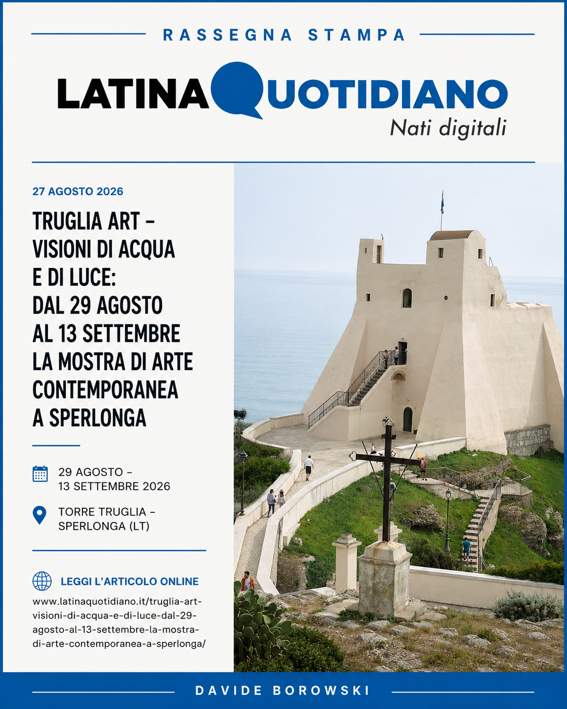 Latina Quotidiano - Le opere di Davide Borowski a Truglia Art 2026 - 27.08.26