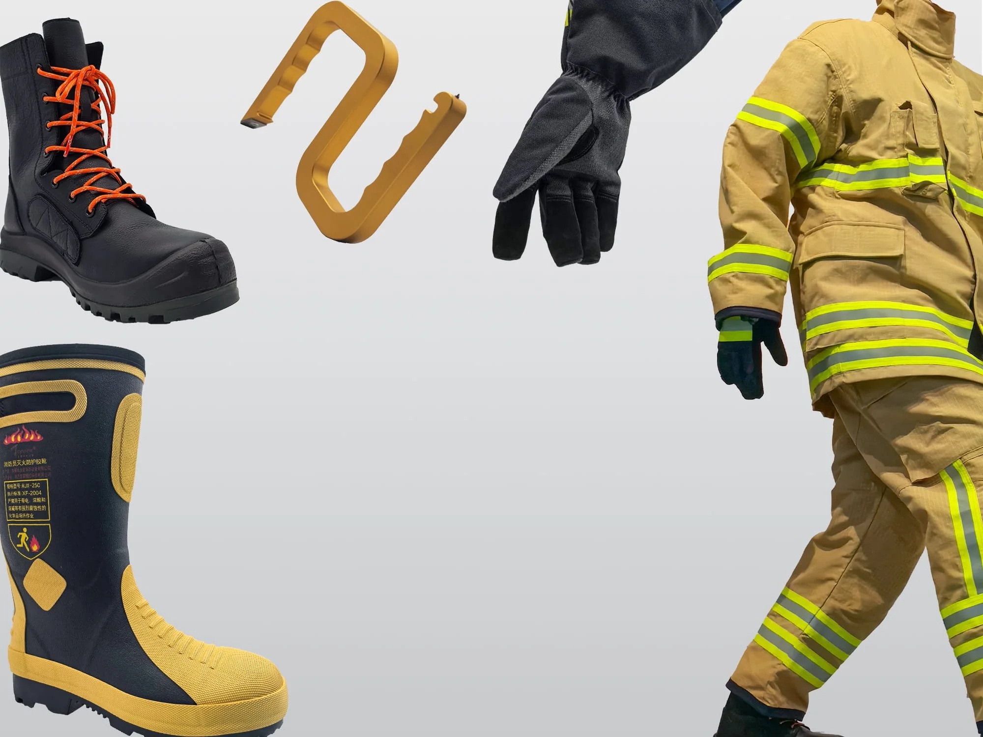 Personal protective equipment including firefighter boots, a hose hook, fire-resistant gloves, a firefighter suit, and a safety boot.