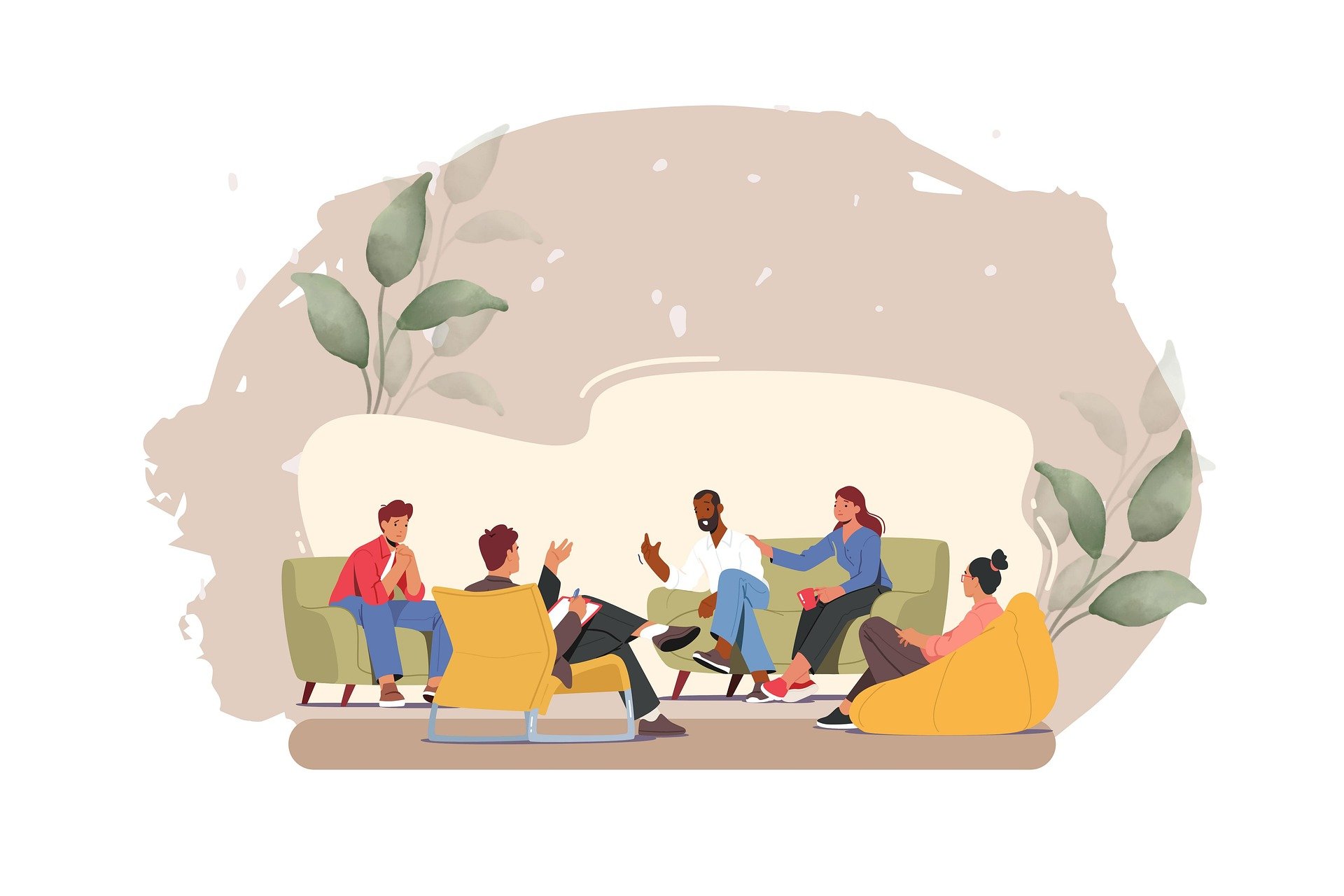 Illustration of five people sitting and talking in a cozy lounge with green and yellow furniture, plants, and a neutral background.